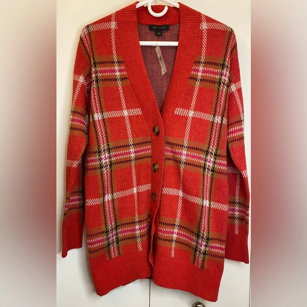 Ann Taylor Jacquard Plaid Boyfriend Cardigan (S) Ptp20”-24” (R$119) NWT - Picture 5 of 7